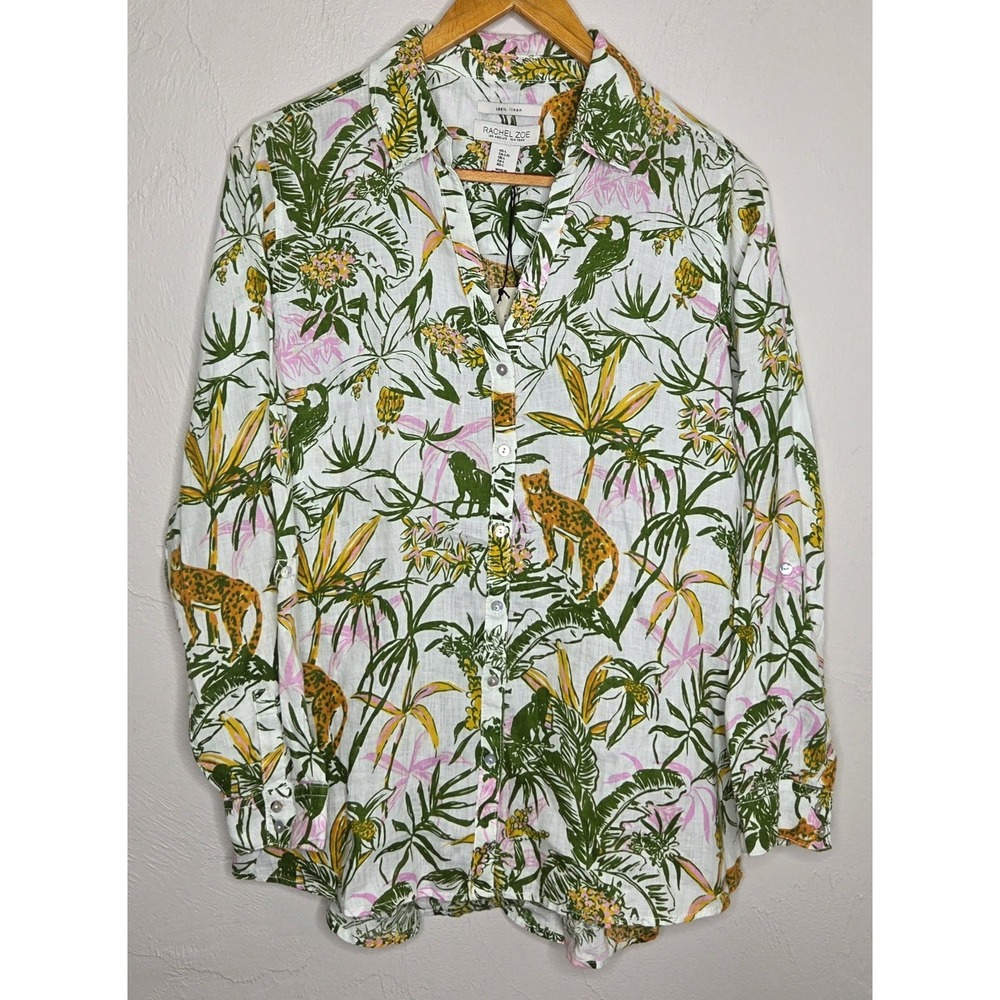*NEW w/Tags Rachel Zoe 100% Linen Button Shirt Size Large Jungle Animal Print